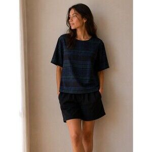 COS Blackwatch Plaid Oversized Cotton Top Women’s S Navy Green Check Boxy Minima
